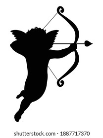 An editable vector illustration of cupid as black silhouette isolated on white