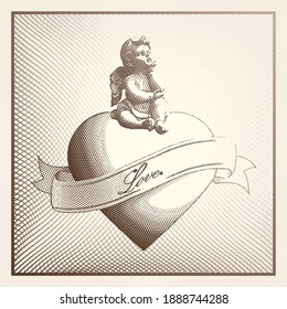 An editable vector illustration of Cupid sitting on heart with vintage style