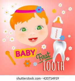Editable vector illustration. Cute baby girl face with first teeth on a light pink background. Tooth eruption concept with  European baby portrait  in a flat style 