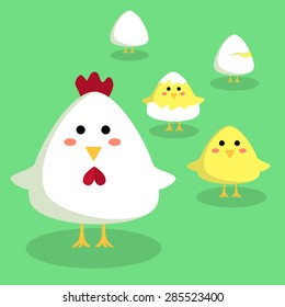 Editable vector illustration of a cute chicken, chick, and egg in green background.