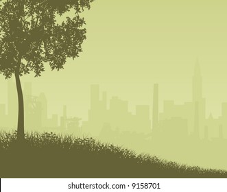 Editable vector illustration of a distant city skyline with foreground as a separate object