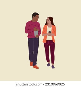 Editable vector illustration of employees walking in the office, chatting during breaks, discussing project updates 