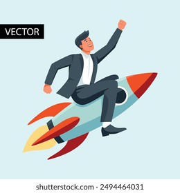 Editable vector illustration of an excited businessman riding a rocket booster, financial growth, business success concept