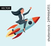 Editable vector illustration of an excited businesswoman riding a rocket booster, financial growth, business success concept