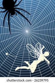 Editable vector illustration of a fairy caught in a spider's web