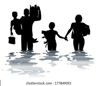 Editable vector illustration of a family carrying belongings through a flood