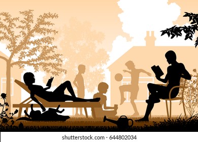 Editable vector illustration of a family relaxing in their garden 