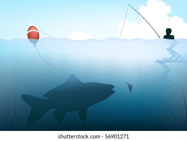 Editable vector illustration of a fish about to take the bait from a child's rod