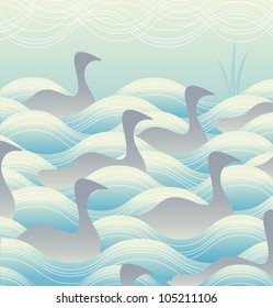 Editable vector illustration of a flock of ducks or geese on water