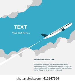 Editable Vector Illustration of Flying Airplane with Clouds on Sky for Text Background
