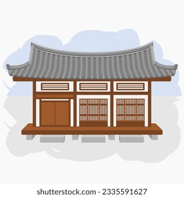 Editable Vector Illustration of Front View Wide Traditional Hanok Korean House Building for Artwork Element of Oriental History and Culture Related Design