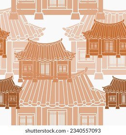 Editable Vector Illustration of Front View Traditional Hanok Korean House Building as Seamless Pattern for Creating Background and Decorative Element of Oriental History and Culture Related Design