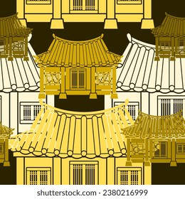 Editable Vector Illustration of Front View Traditional Hanok Korean House Building as Seamless Pattern With Dark Background for Decorative Element of Oriental History and Culture Related Design