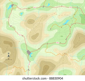 Editable vector illustration of a generic map showing relief contours