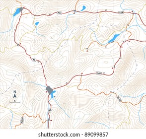 Editable vector illustration of a generic map showing relief contours