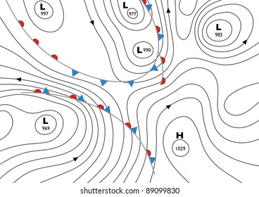 Editable Vector Illustration Of A Generic Weather Map Showing Isobars And Weather Fronts