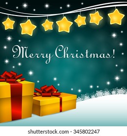An editable vector illustration of gift boxes and Xmas Star garland