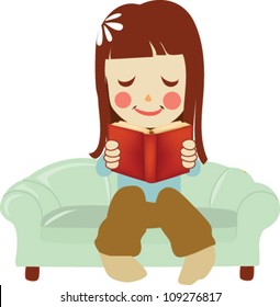 Editable vector illustration of girl reading book on green sofa