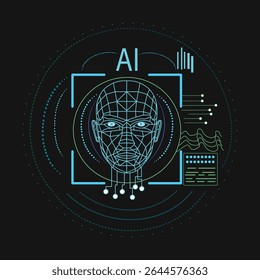 Ilustração vetorial editável de uma interface de digitalização de face de IA brilhante com elementos de HUD futuristas, perfeito para design de IU, inteligência artificial, identificação biométrica e projetos relacionados à tecnologia