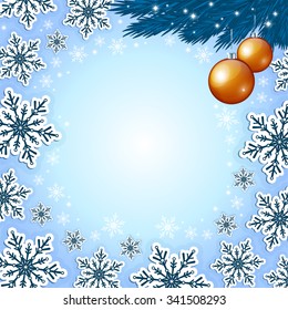 An editable vector illustration with golden christmas baubles on a blue background