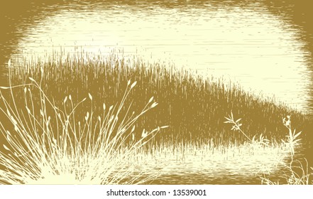 Editable vector illustration of a grassy landscape with grunge. All elements as separate objects.