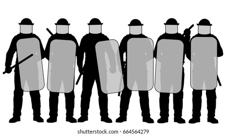 Editable vector illustration of a group riot police with protective gear and shields 