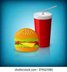 An editable vector illustration of a hamburger and drink