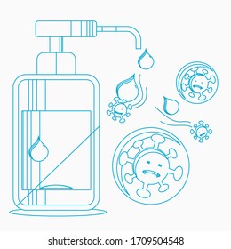 Editable Vector Illustration of Hand Sanitizer Work Against Coronavirus in Outline Style for Artwork Element of Healthcare and Medical Related Design