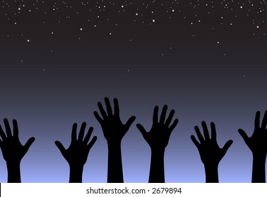 Editable vector illustration of hands reaching for the stars