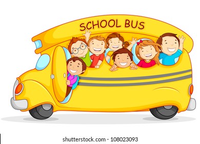 Editable vector illustration of happy children on school bus