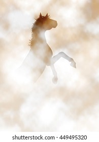 Ilustración vectorial editable de una cría de caballos en una atmósfera neblina o ahumada creada mediante mallas de gradiente
