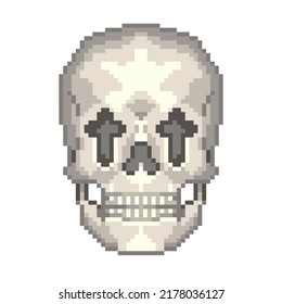 Editable vector illustration of a human skull with crosses in pixel graphics for game development, game resources, poster, graphic design, website resources.