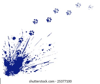 Editable vector illustration of an ink spill and cat paw-prints