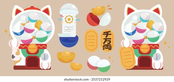 Ilustración vectorial editable de una máquina japonesa Maneki-neko Gachapon con premios Gachapon y cápsulas de juguete