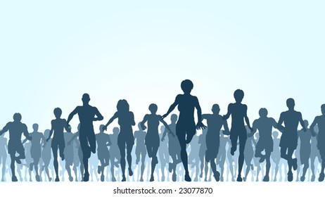 Editable vector illustration of a large group of people running