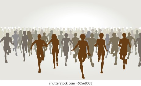 Editable vector illustration of a large group of people running
