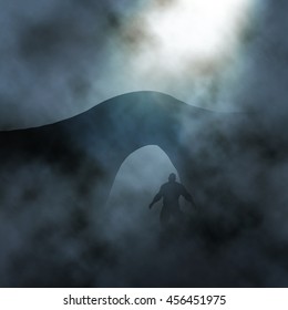 Editable vector illustration of a large man waiting under a bridge in foggy conditions created using gradient meshes