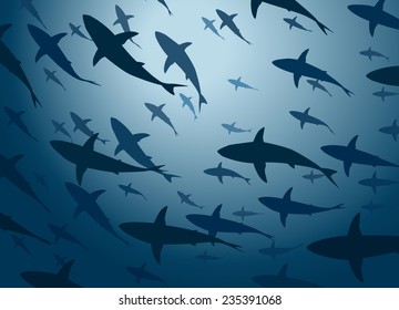 Editable vector illustration of a large school of cruising sharks from below