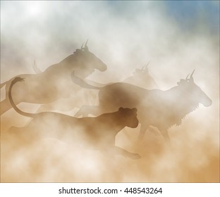 Editable vector illustration of a lioness chasing a herd of wildebeest made using gradient meshes