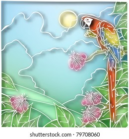 Ilustración vectorial editable de un loro macaw en estilo batik hecho con malla gradiente