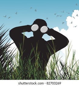 Editable vector illustration of a man with binoculars watching birds