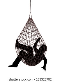 Editable vector illustration of a man caught in a net trap