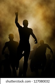 Editable vector illustration of a man celebrating winning a race with smoky or steamy background made with a gradient mesh