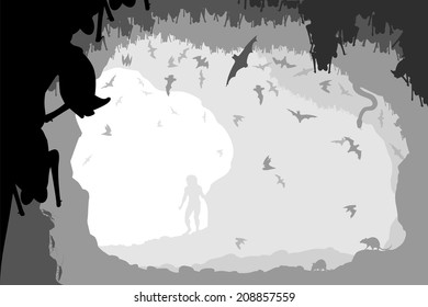 Editable vector illustration of a man at the mouth of a bat cave with all figures as separate objects