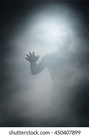 Editable vector illustration of a man reaching through fog created using gradient meshes