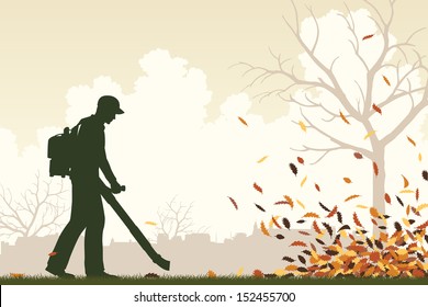 Editable vector illustration of a man using a leaf-blower to clear leaves 