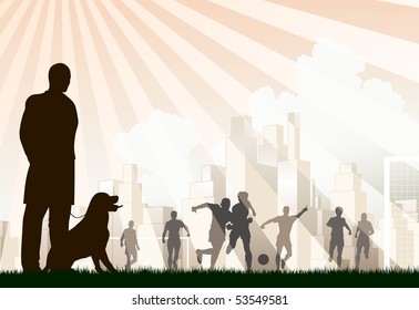 Editable vector illustration of a man watching footballers