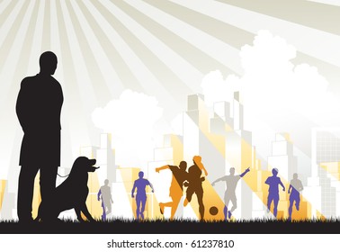 Editable vector illustration of a man watching footballers