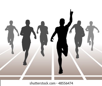 Editable vector illustration of men finishing a sprint race