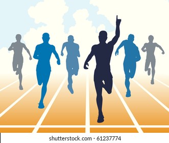 Editable vector illustration of men finishing a sprint race